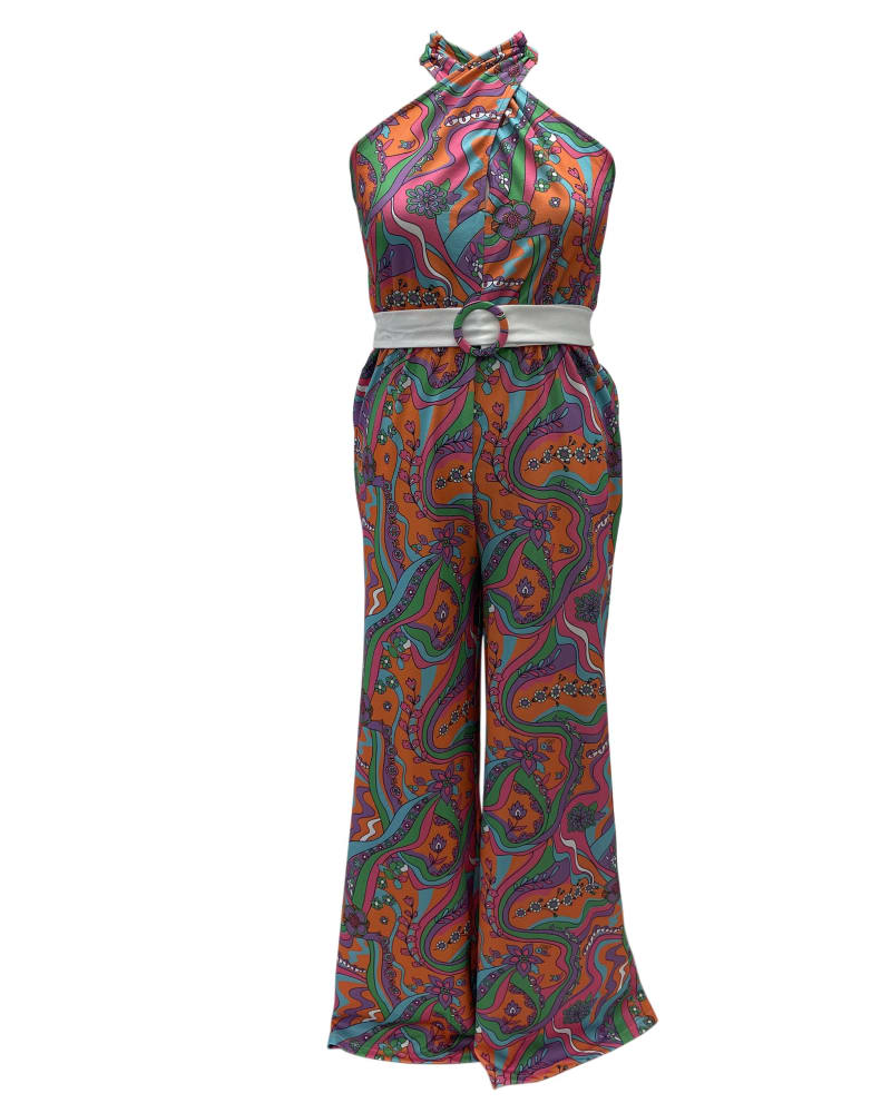 Front of a size 3X Smak Parlour Orange Wavy Daisy Psychedelic Draped Darling Jumpsuit in Orange by Smak Parlour. | dia_product_style_image_id:292671